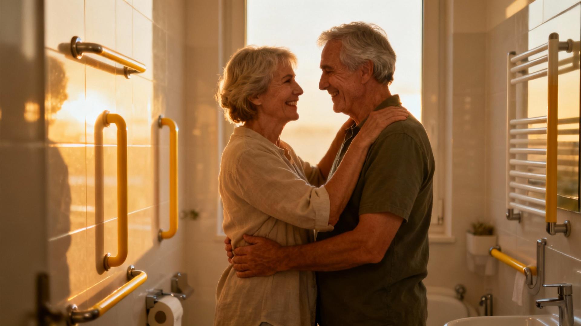 Couple âgé souriant dans une salle de bain lumineuse équipée de barres de sécurité et d'aménagements accessibles