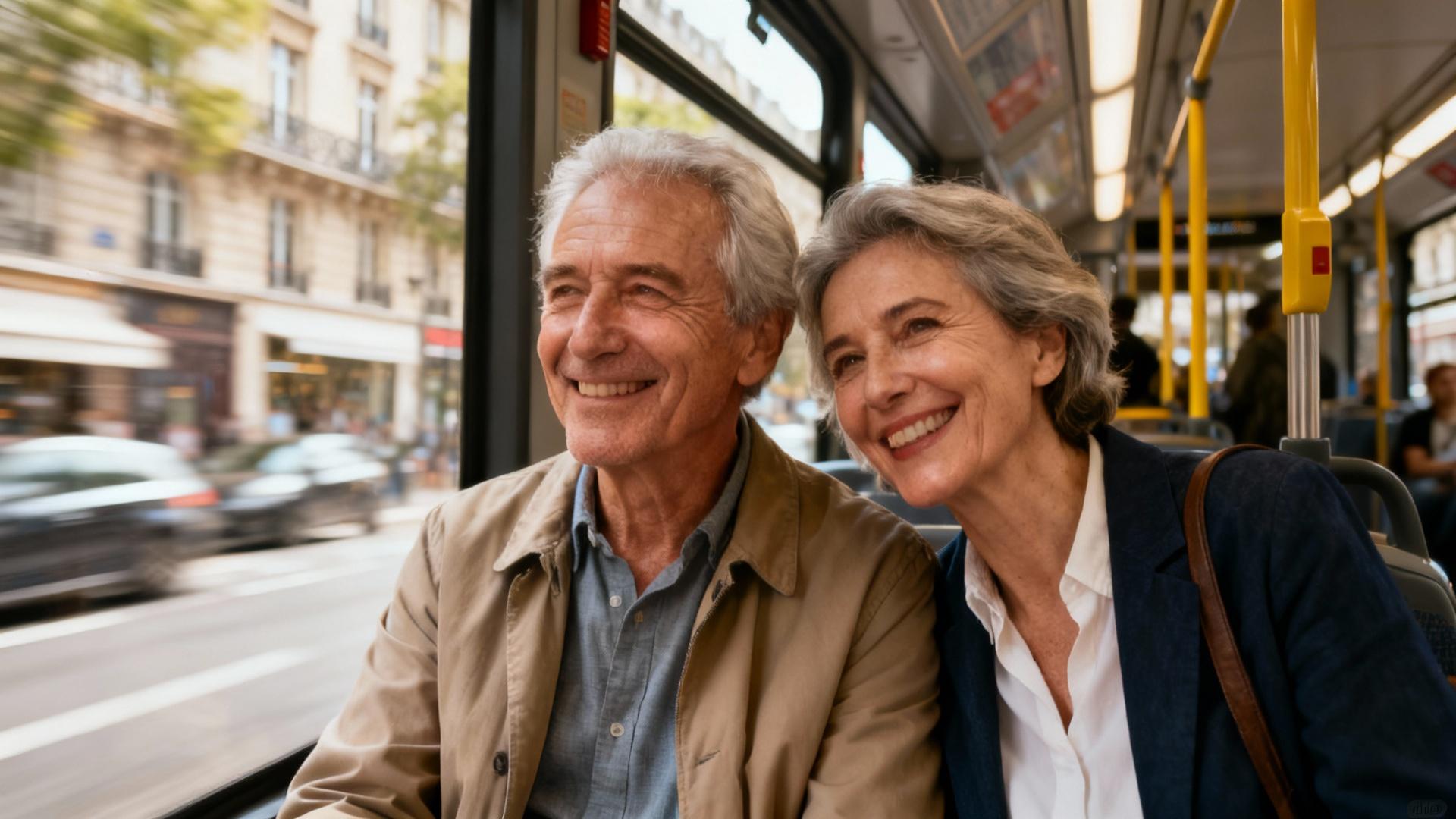 Couple de personnes âgées souriantes dans un bus parisien, profitant des transports en commun