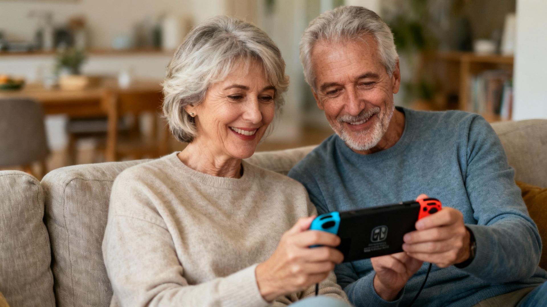 Couple de seniors souriant en jouant à la Nintendo Switch sur un canapé confortable dans un salon chaleureux