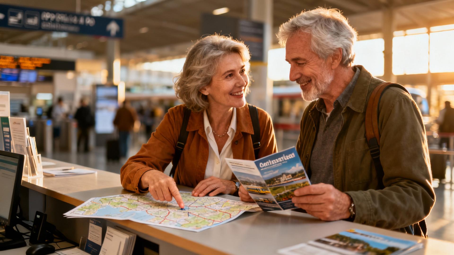 Couple âgé discute avec un agent à un comptoir d'information moderne sur les options de transport