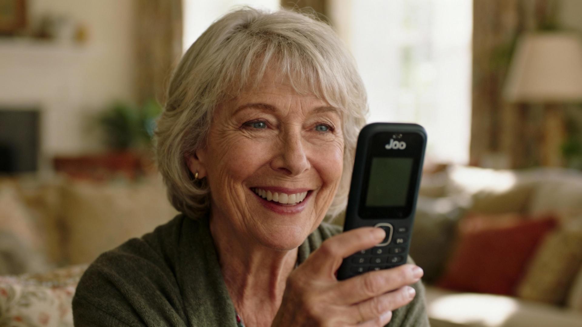 Femme âgée souriante utilisant un téléphone Doro dans son salon avec une lumière naturelle douce