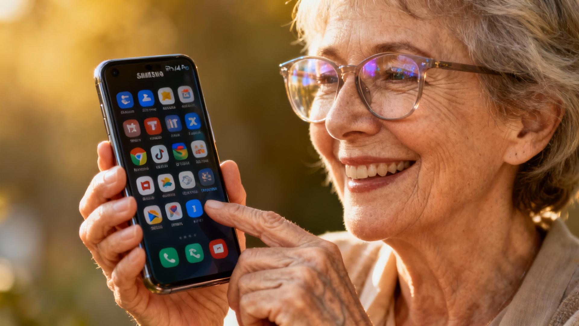 Femme âgée souriante utilisant un smartphone Samsung avec de grandes icônes visibles, éclairage naturel doux