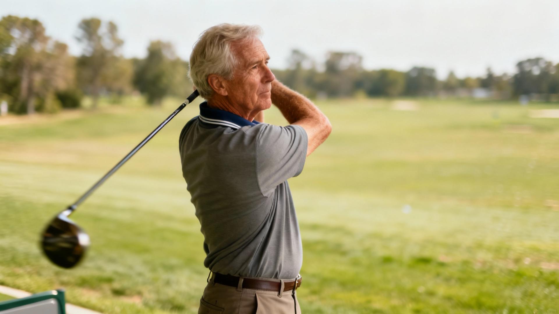 Un golfeur senior teste un shaft de driver sur un practice, avec un mouvement réaliste et une lumière naturelle