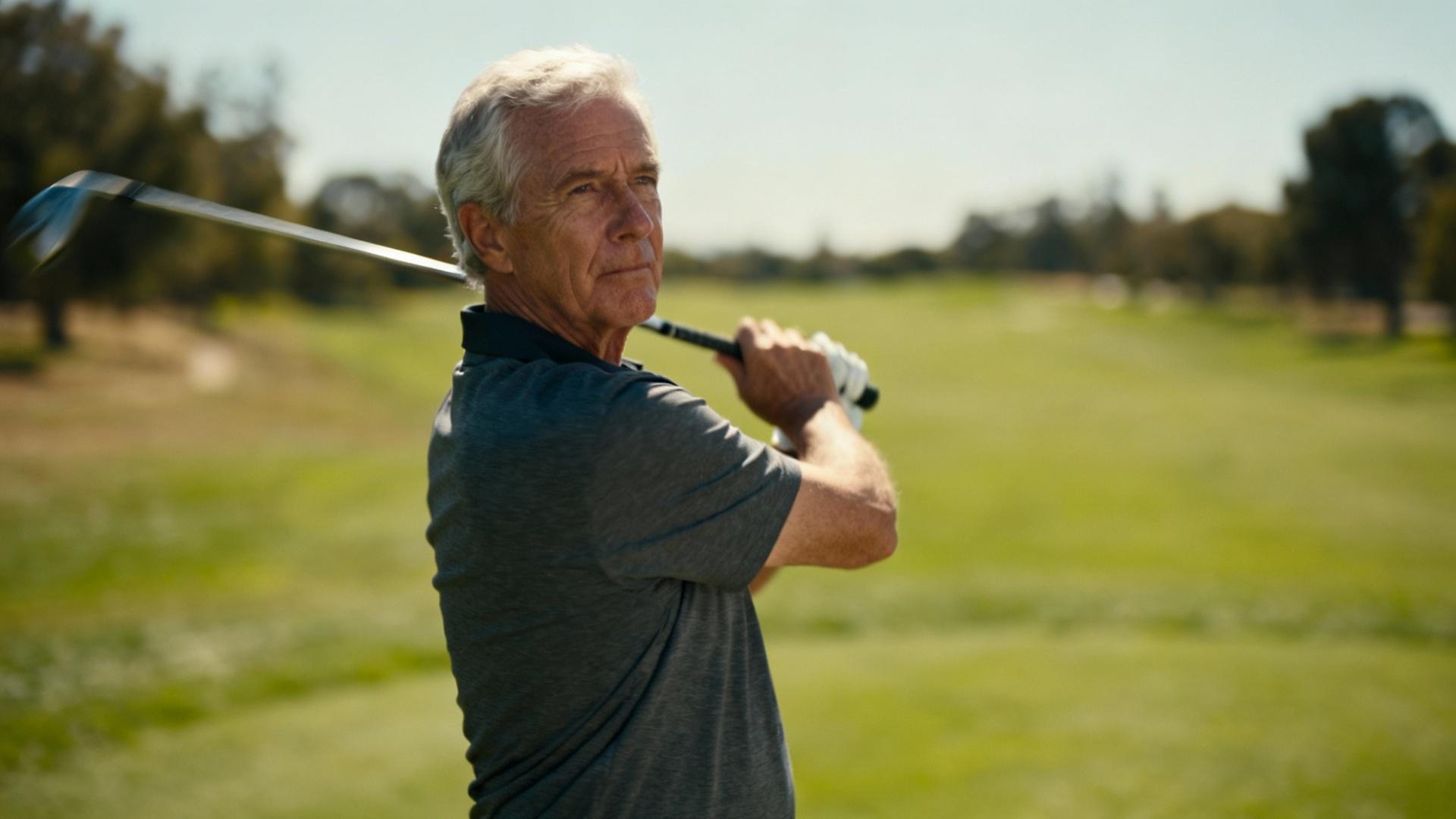 Golfeur senior en plein swing sur un terrain de golf verdoyant sous un ciel dégagé