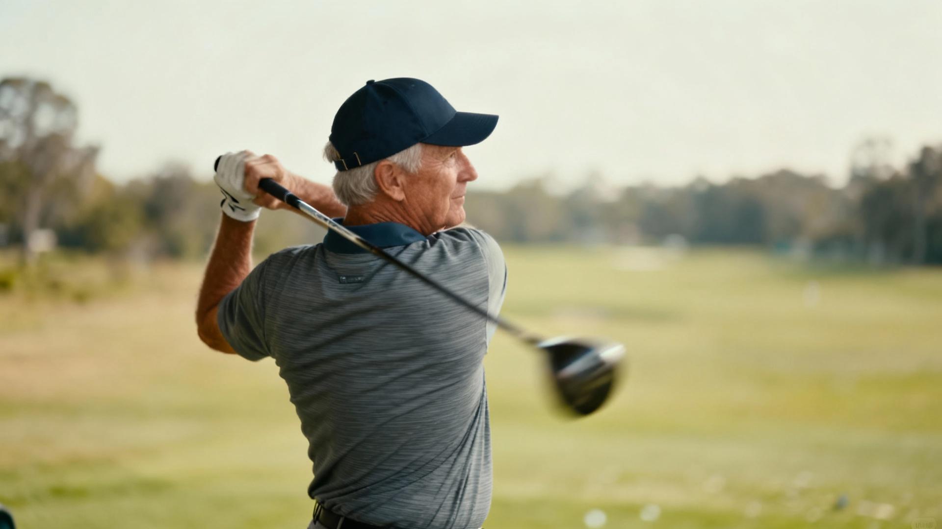 Senior golfeur caucasien testant un driver sur le terrain d'entraînement avec un swing réaliste