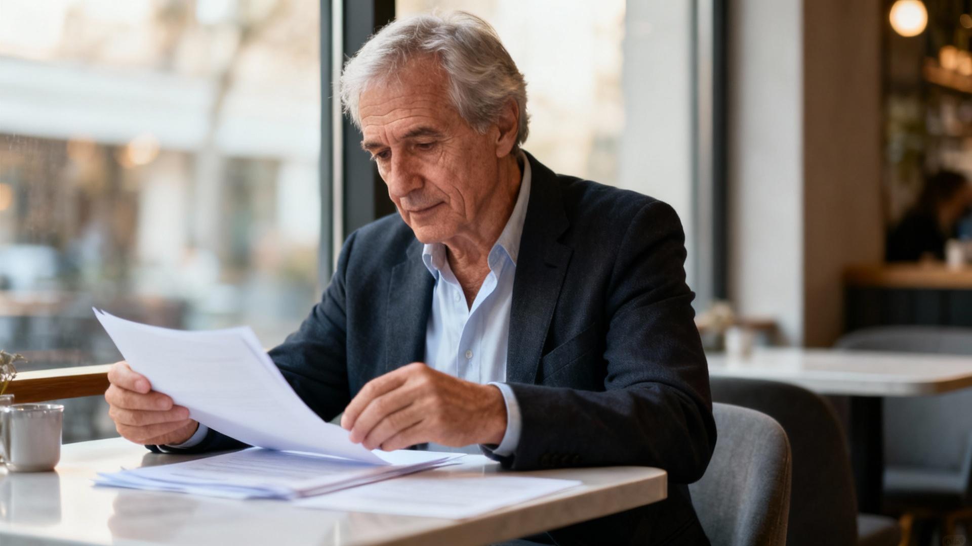 Homme senior européen assis à une table de café moderne, consultant des documents avec attention sous une lumière naturelle