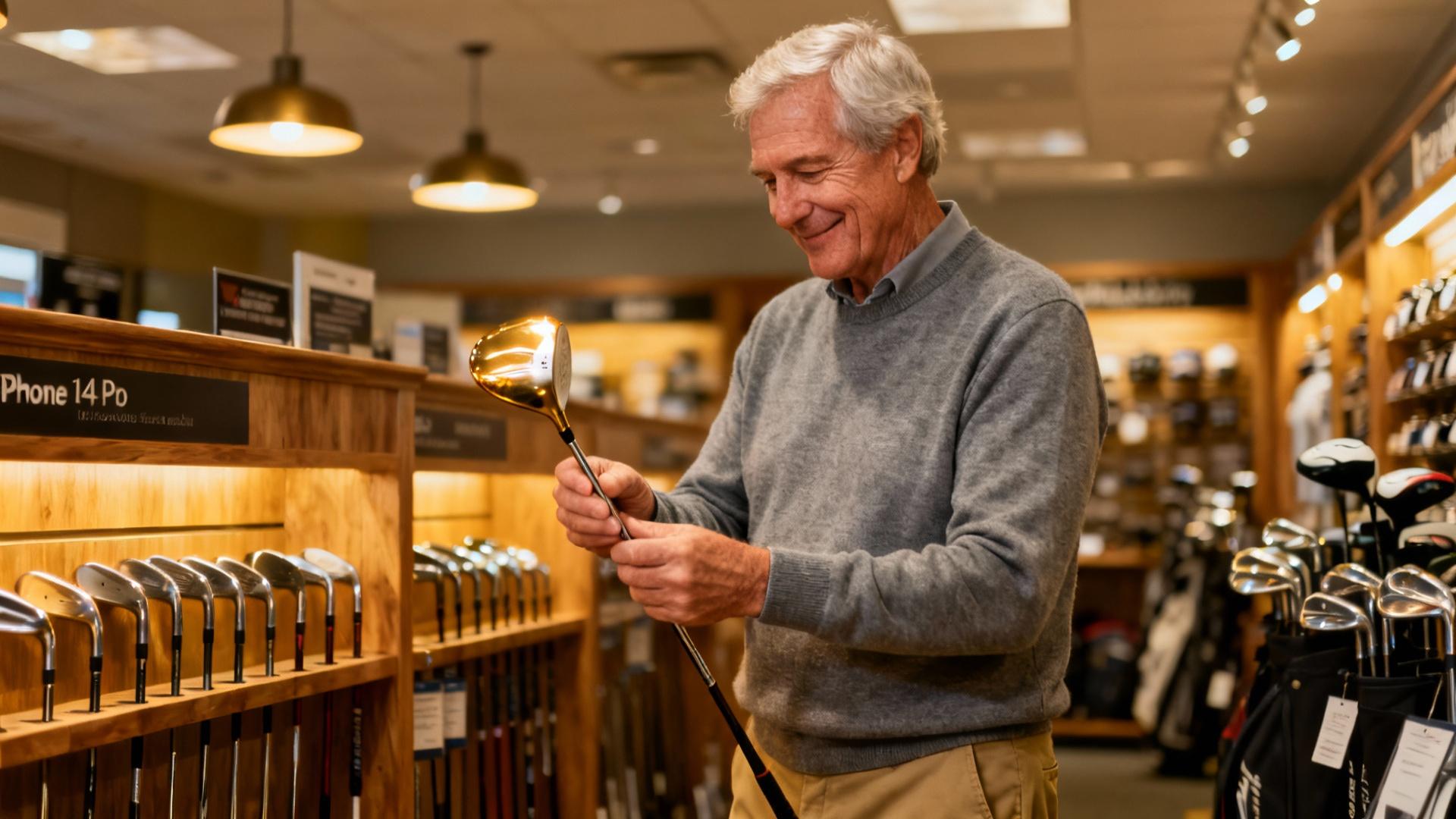 Homme senior européen examinant un driver de golf dans un magasin spécialisé, éclairage naturel