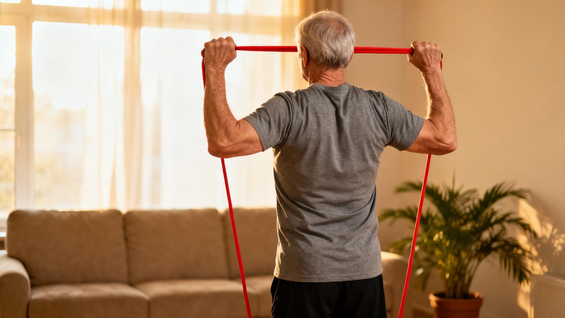 Homme âgé effectuant un exercice doux pour le dos avec une bande de résistance dans son salon