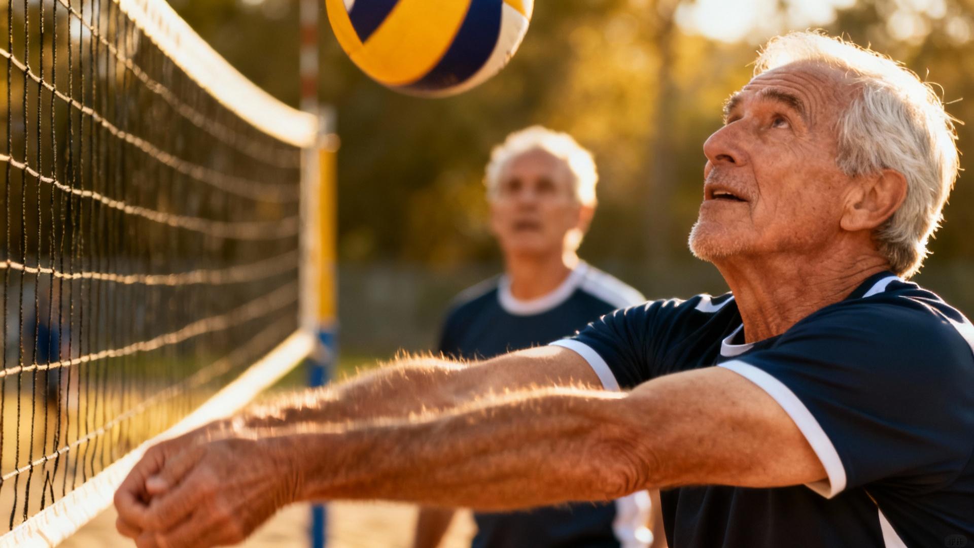 Hommes seniors jouant au volleyball avec un filet à la hauteur officielle de 2,43 mètres sous un éclairage naturel