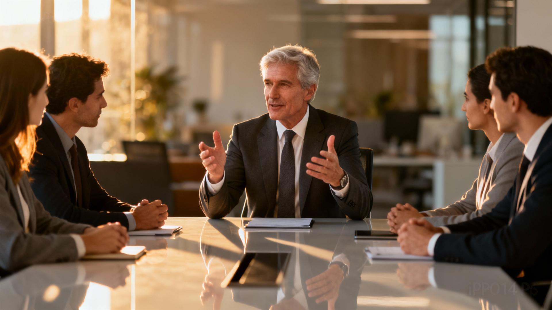 Senior manager professionnel animant une réunion d'équipe dans un bureau lumineux avec tableau d'objectifs en arrière-plan