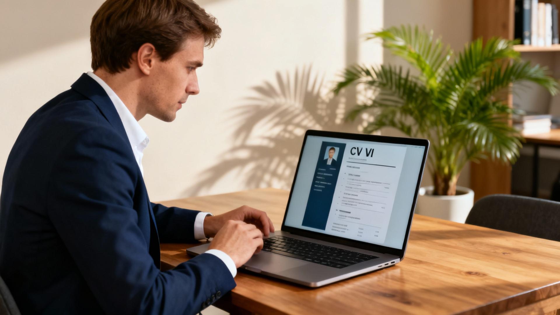 Homme d'âge mûr vérifiant attentivement son curriculum vitae sur l'écran d'un ordinateur portable dans un bureau