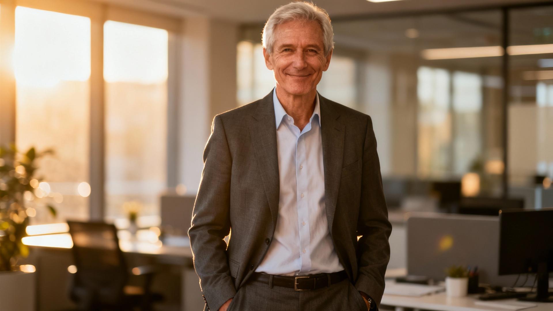 Homme senior confiant travaillant dans un bureau moderne avec ordinateur et lumière naturelle