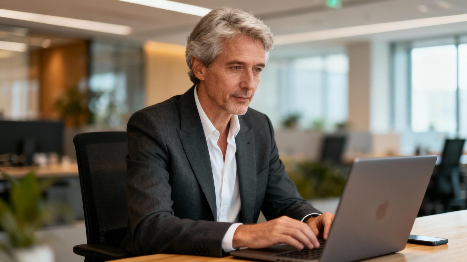 Senior expérimenté travaillant sur un ordinateur portable dans un bureau moderne avec éclairage naturel