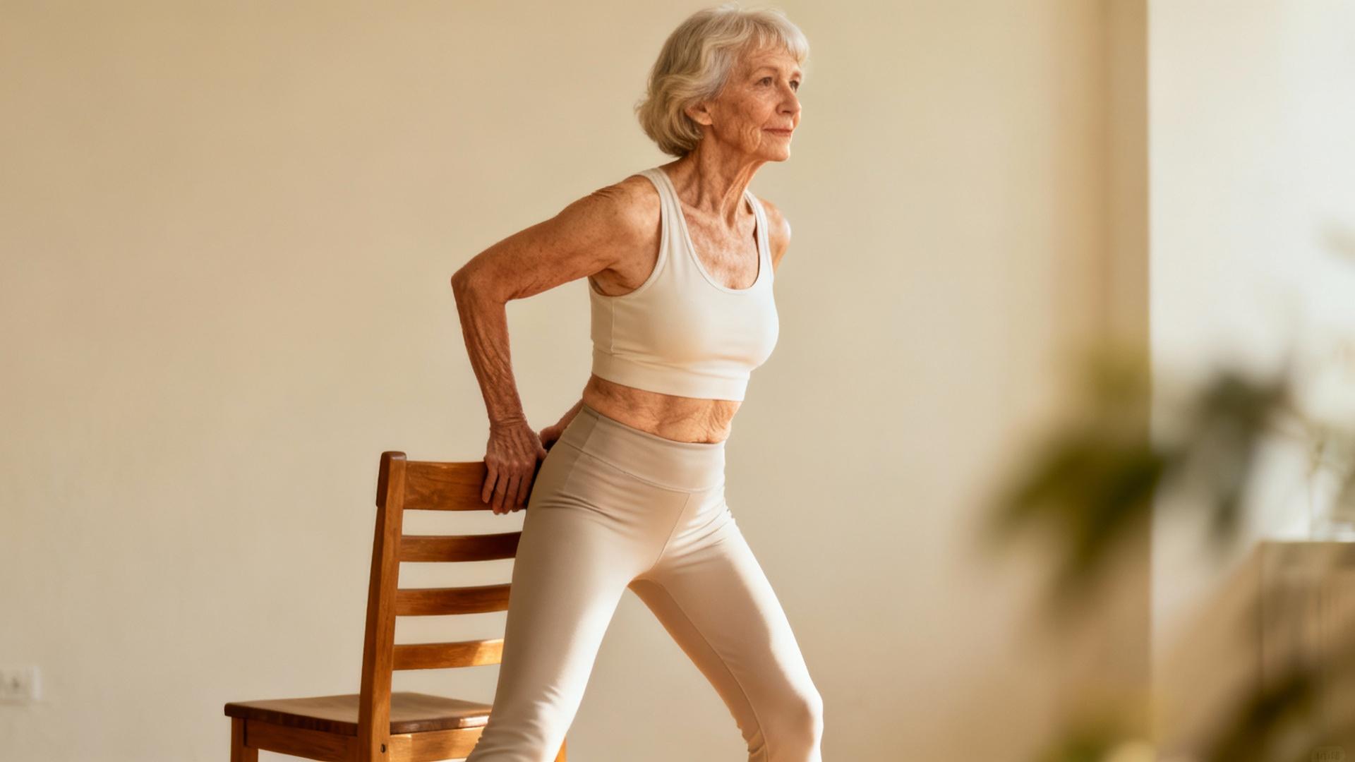 Femme âgée effectuant un exercice de rotation des hanches en s'appuyant sur une chaise pour équilibre