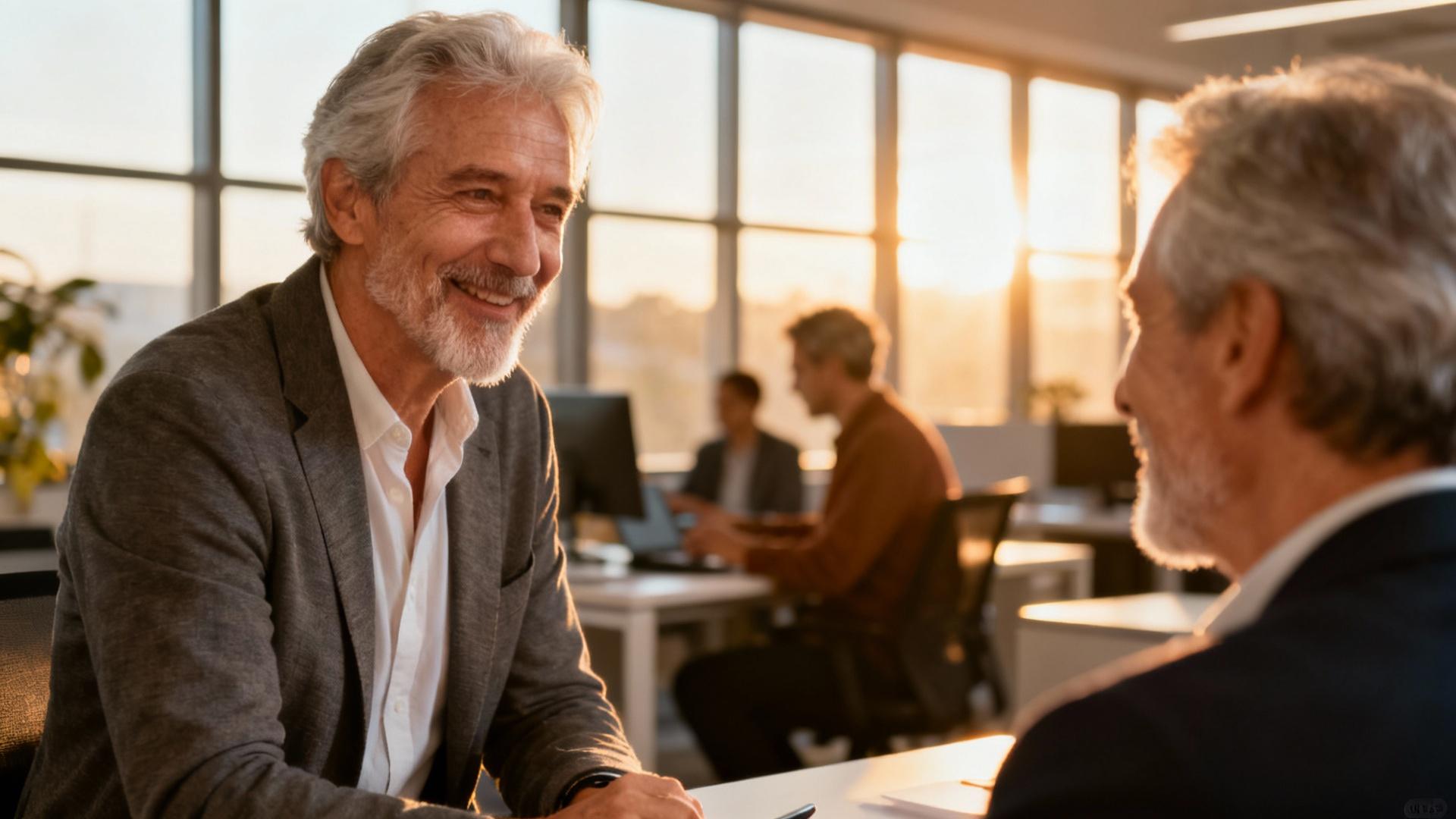 Groupe de seniors européens travaillant dans un bureau lumineux avec de grandes fenêtres, interactions naturelles et postures professionnelles