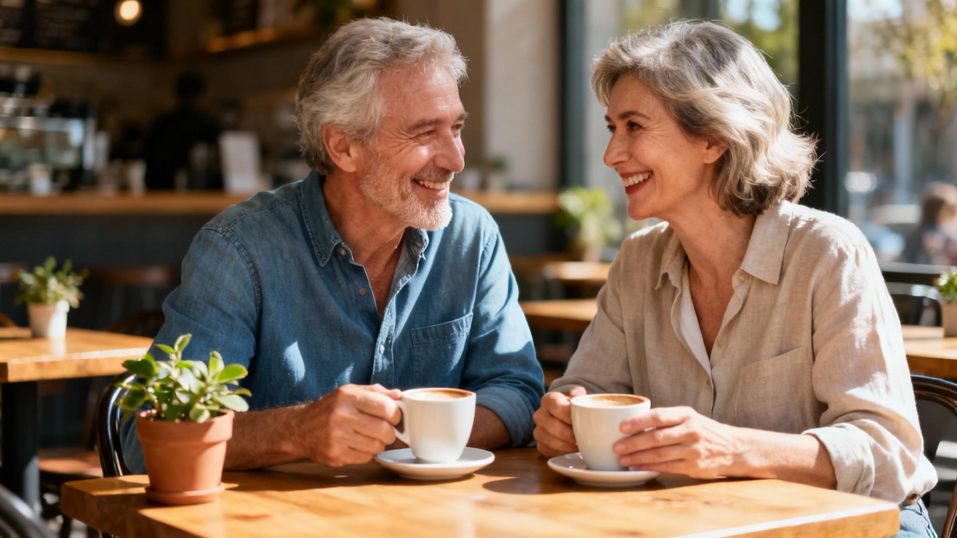 Couple de seniors souriant autour d'une table de café en terrasse ensoleillée, ambiance chaleureuse
