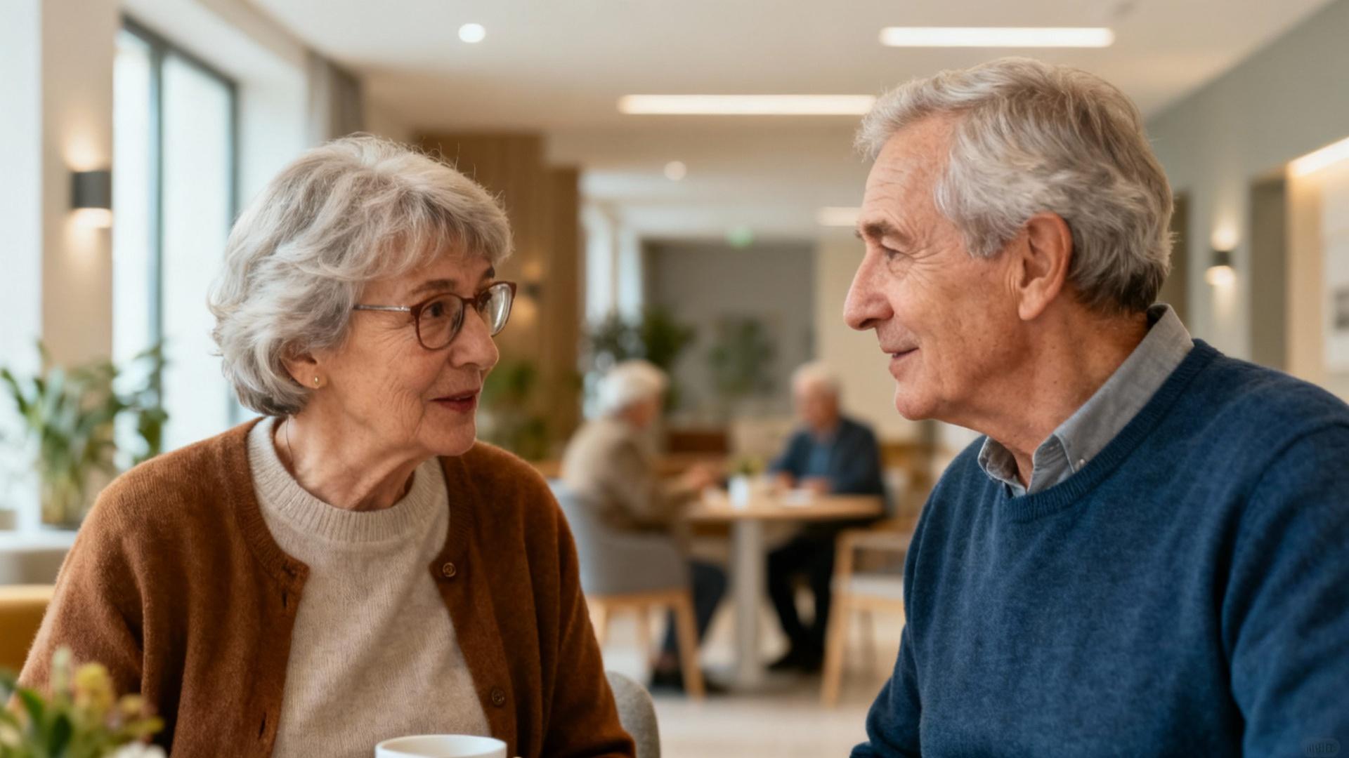 Groupe de seniors élégants discutant dans un salon lumineux de résidence moderne avec canapés et plante verte