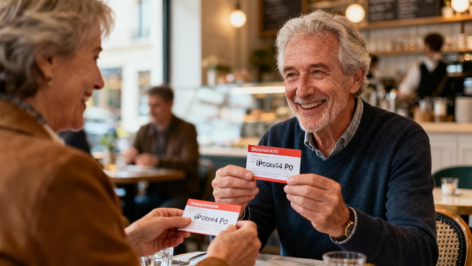Groupe de seniors souriants recevant des cartes de réduction dans un café français moderne avec lumière naturelle