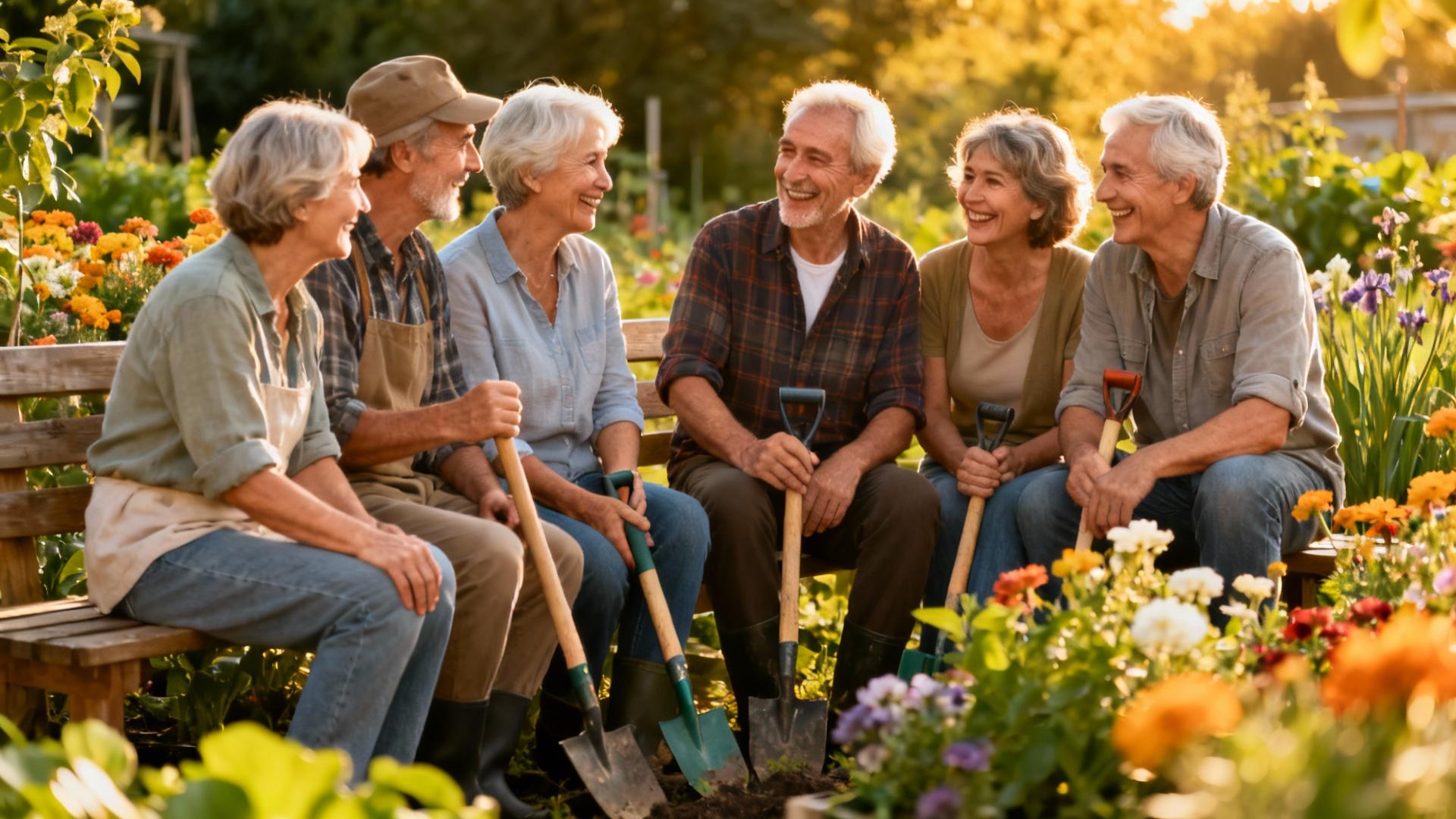 Groupe de seniors européens souriants discutant et partageant un moment dans un jardin communautaire ensoleillé