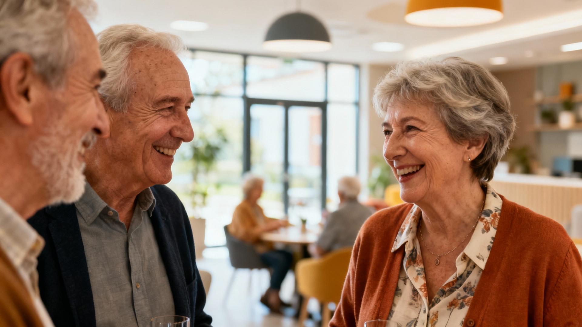 Groupe de seniors européens souriants partageant un moment convivial dans une résidence moderne à Toulouse