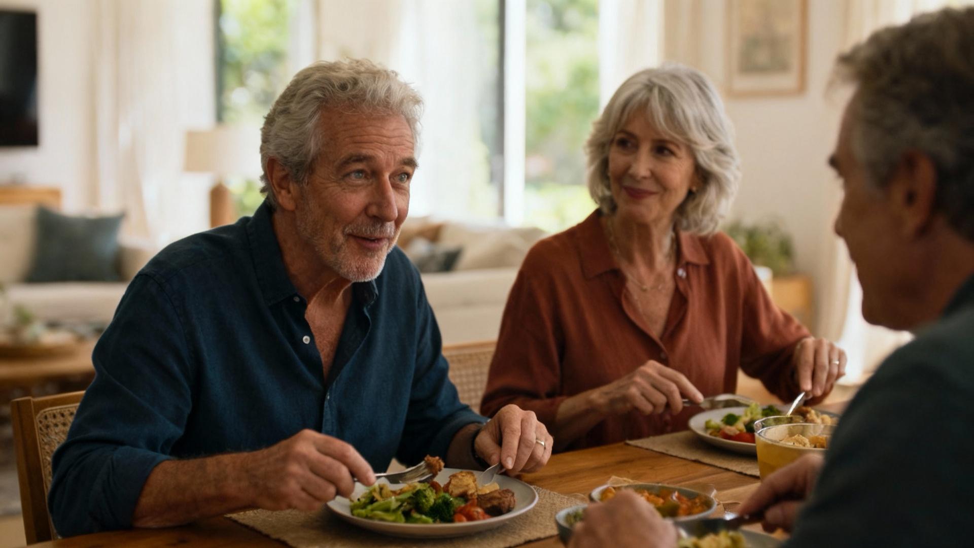 Groupe de seniors européens partageant un repas dans un salon lumineux avec décoration chaleureuse
