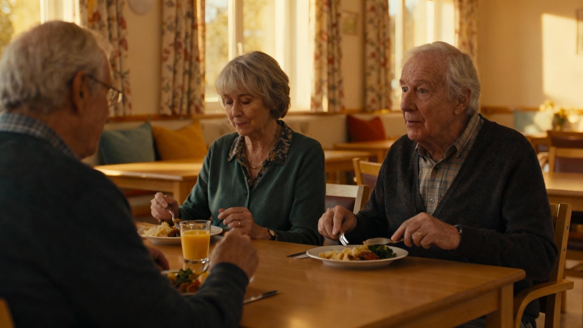 Seniors européens partageant un repas dans une salle à manger commune avec décoration chaleureuse et lumière naturelle