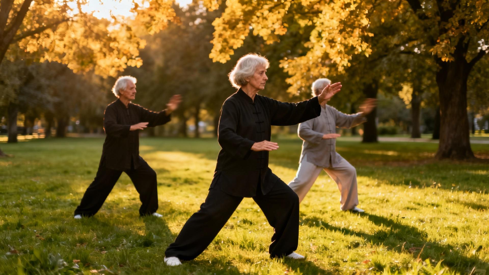 Groupe de seniors pratiquant le tai-chi dans un parc ensoleillé avec des mouvements fluides et une ambiance chaleureuse