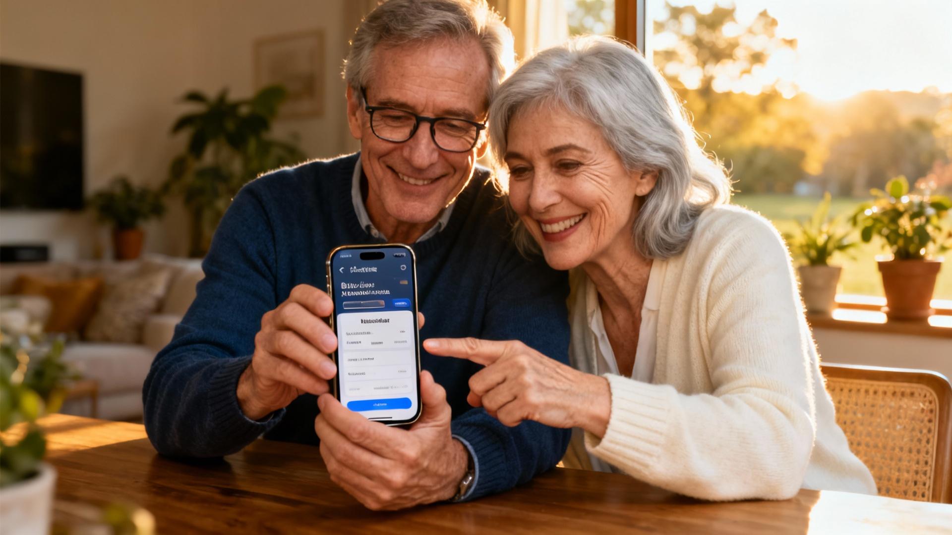 Couple âgé souriant utilisant un smartphone pour réserver des billets de train dans un intérieur lumineux
