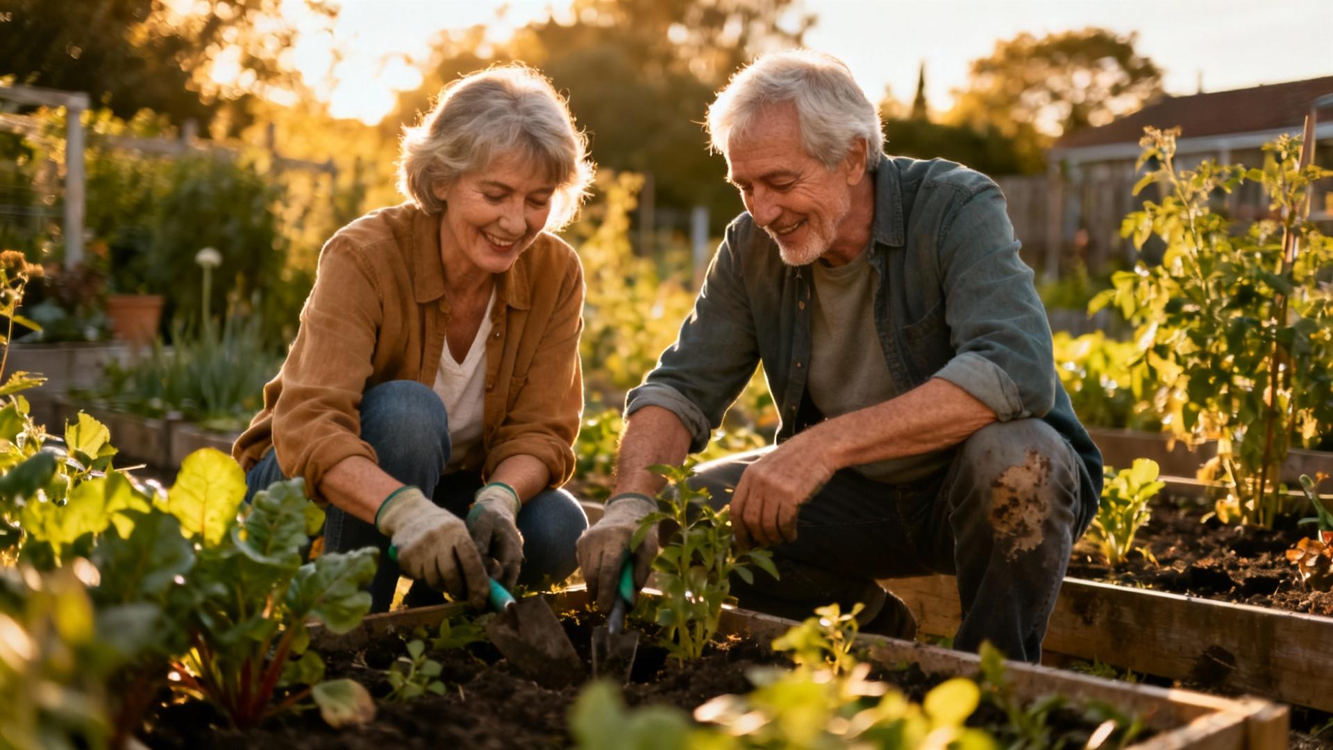 Un couple de personnes âgées souriantes en train de jardiner ensemble, entouré de plantes et d'outils de jardinage