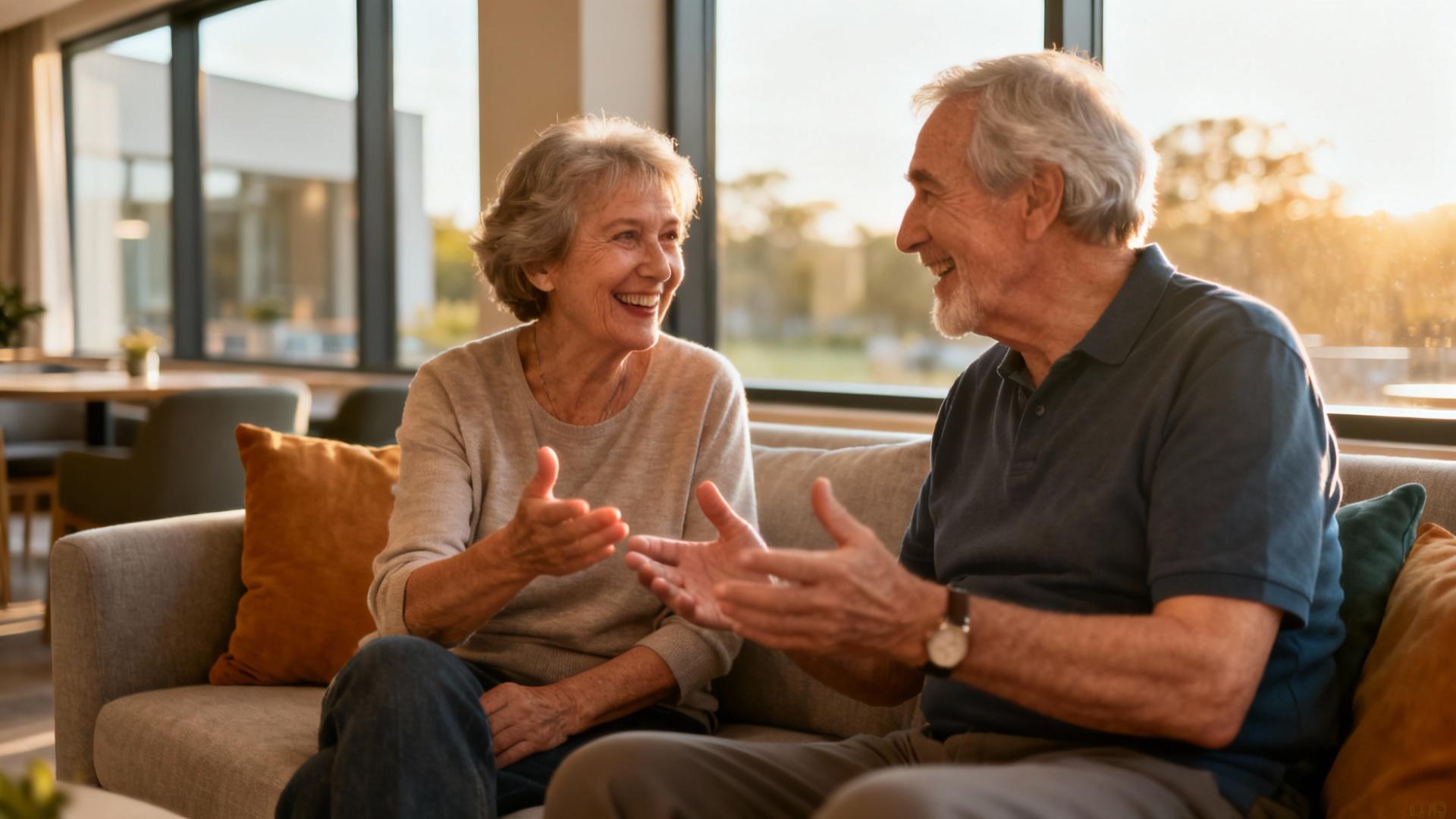 Couple de seniors heureux en conversation dans un espace commun lumineux avec grandes baies vitrées