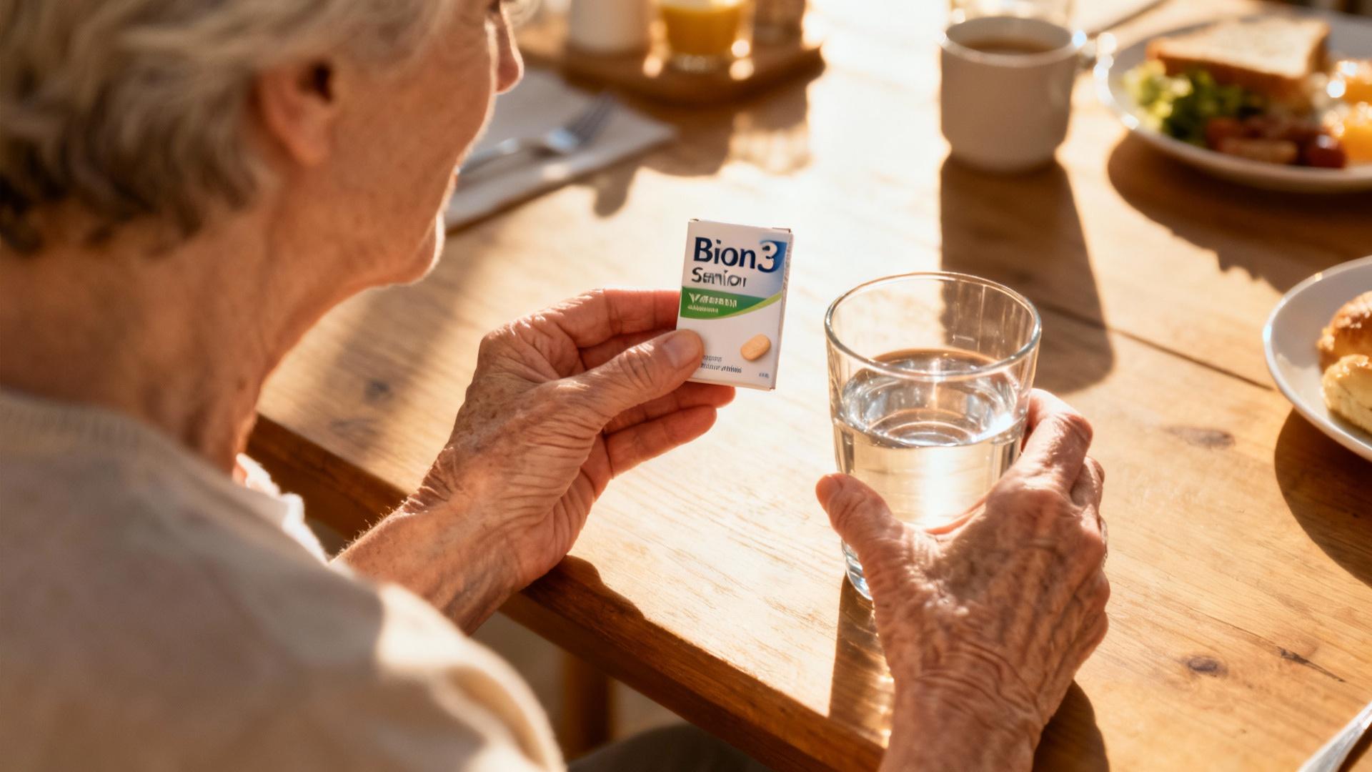 Femme âgée européenne prenant un comprimé de vitamines Bion 3 Senior avec un verre d'eau sur une table de petit-déjeuner