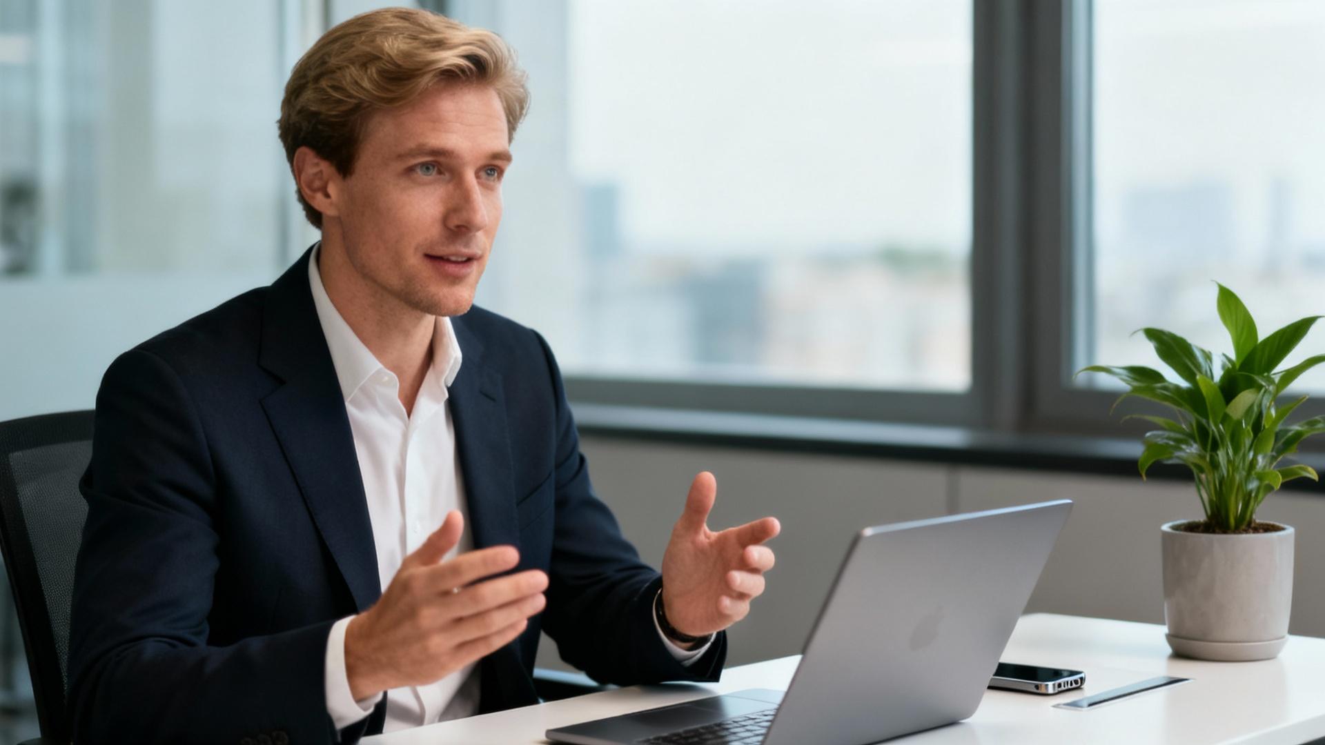 Professionnel caucasien discutant de développement de carrière dans un bureau moderne avec éclairage naturel