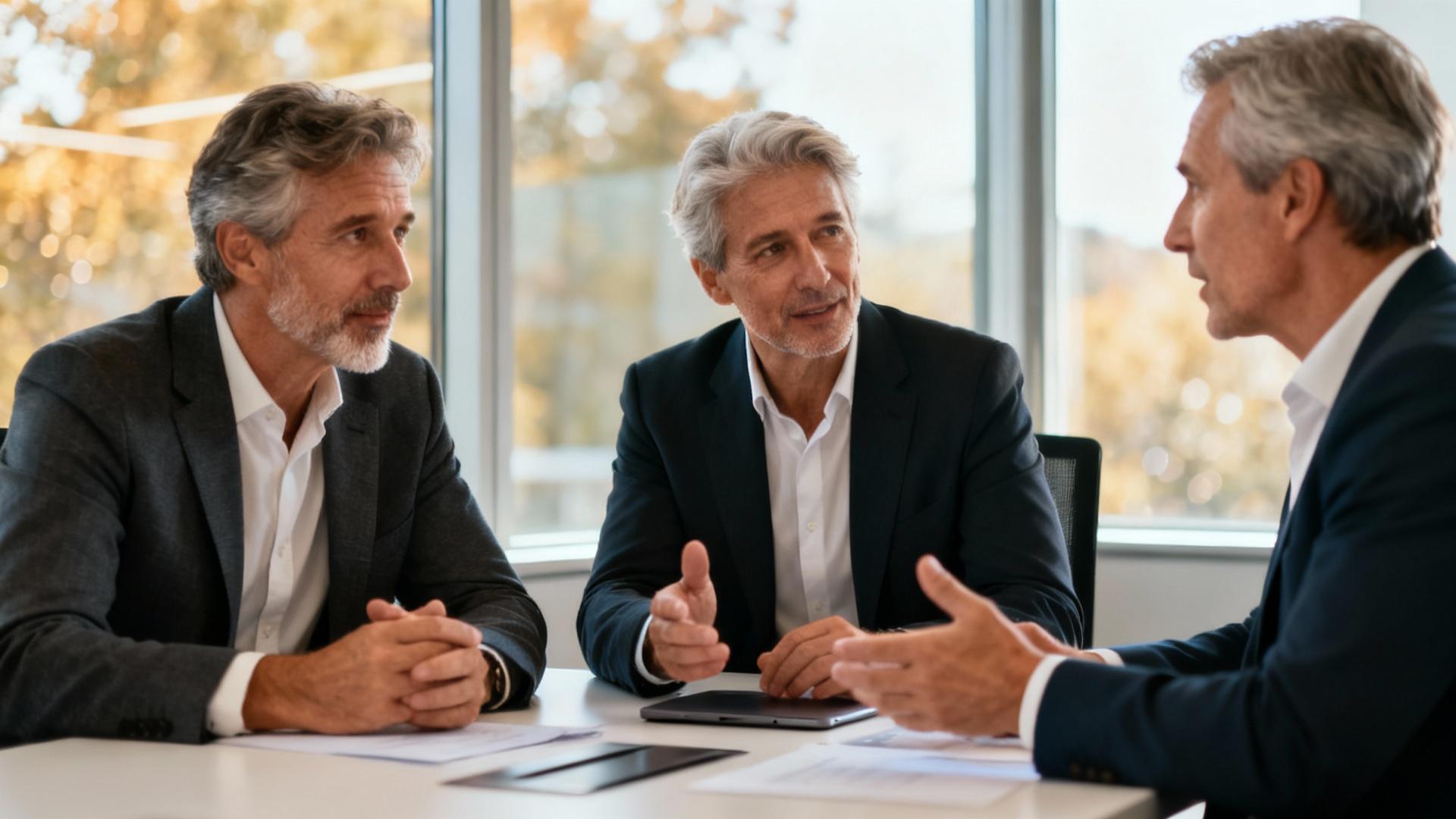 Trois professionnels européens d'âge mûr discutant autour d'une table de réunion dans un bureau lumineux avec grandes fenêtres