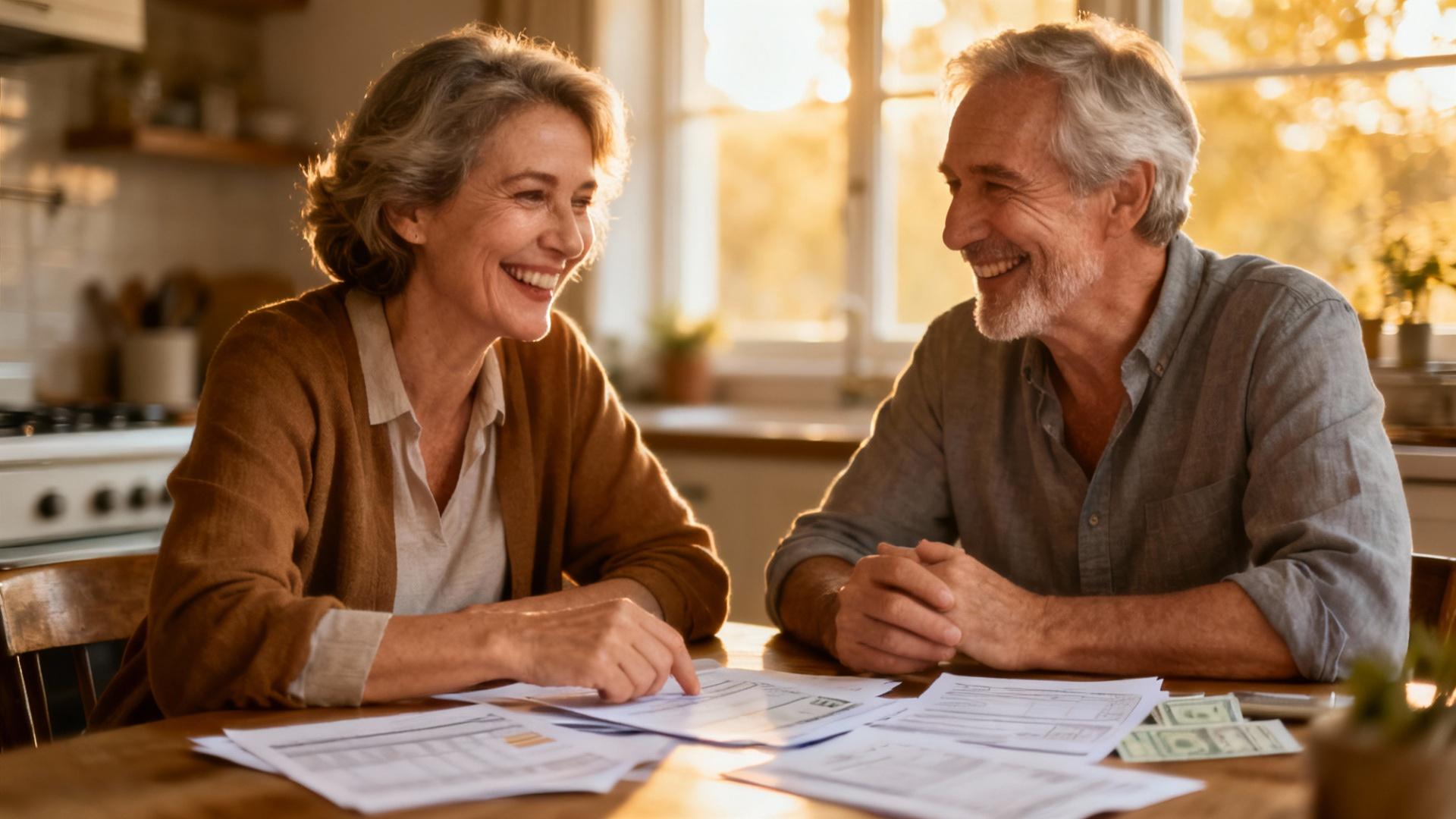Couple âgé heureux assis à une table de cuisine examinant des documents financiers avec lumière naturelle