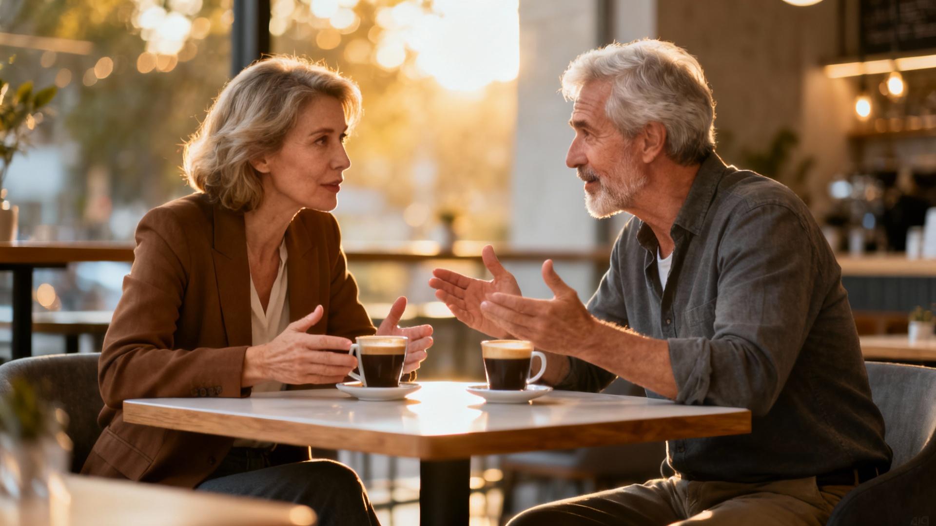 Homme et femme âgés souriants en train de discuter autour d'une table de café moderne
