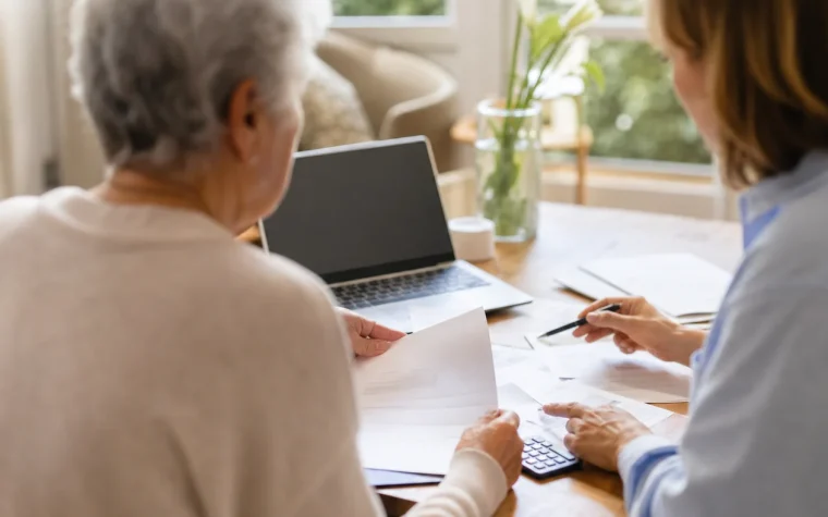 Senior accompagné pour préparer des démarches d’aides financières