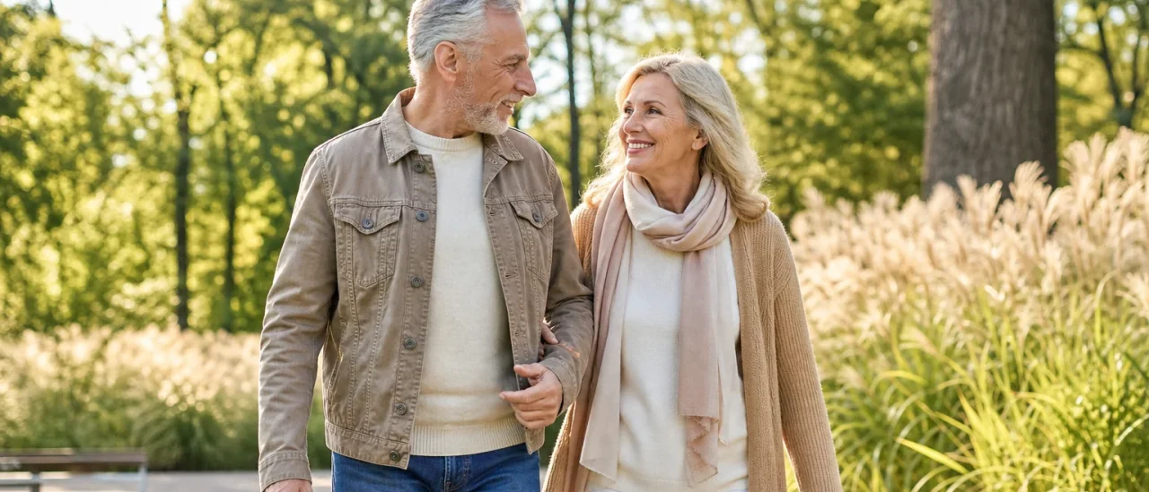 Couple de seniors actifs marchant dans un parc