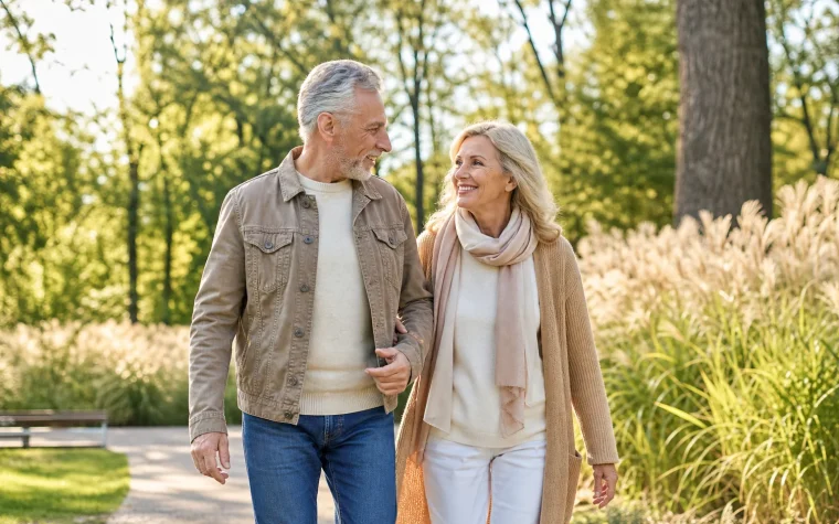 Couple de seniors actifs marchant dans un parc
