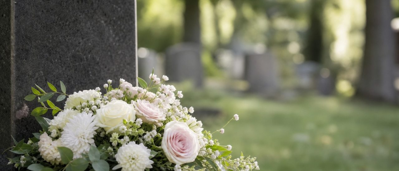 Bouquet de fleurs déposé sur une tombe dans un cimetière