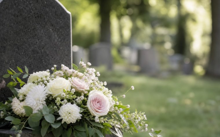 Bouquet de fleurs déposé sur une tombe dans un cimetière