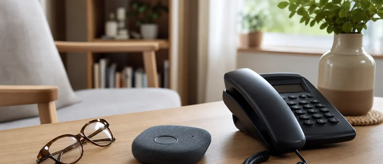 Boîtier de téléassistance posé sur une table dans un intérieur senior rassurant