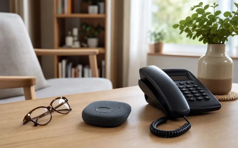 Boîtier de téléassistance posé sur une table dans un intérieur senior rassurant