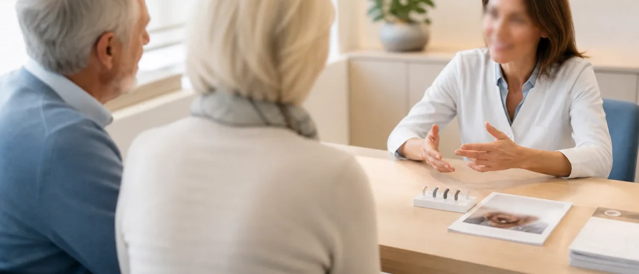 Seniors échangeant avec une professionnelle de l’audition