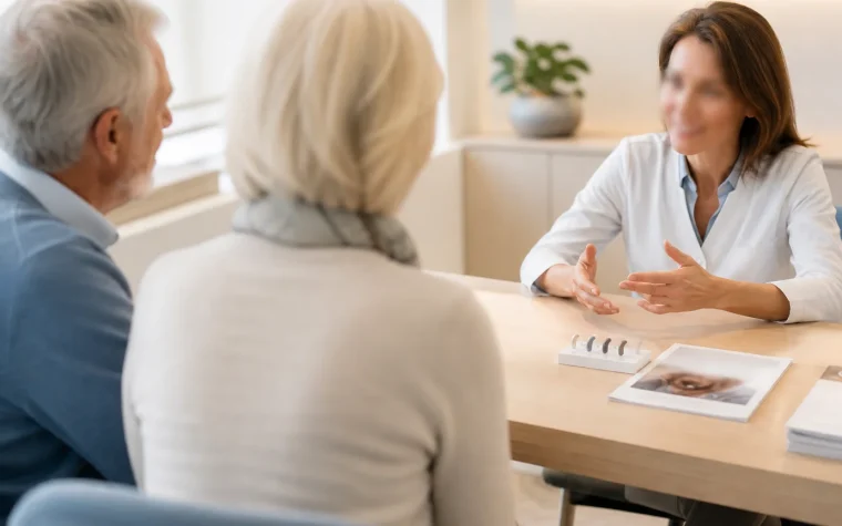 Seniors échangeant avec une professionnelle de l’audition