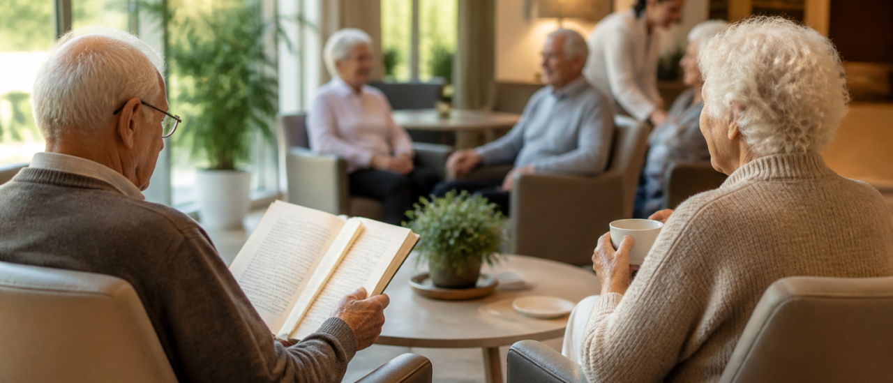 Seniors dans un salon de résidence, vie sociale et accompagnement
