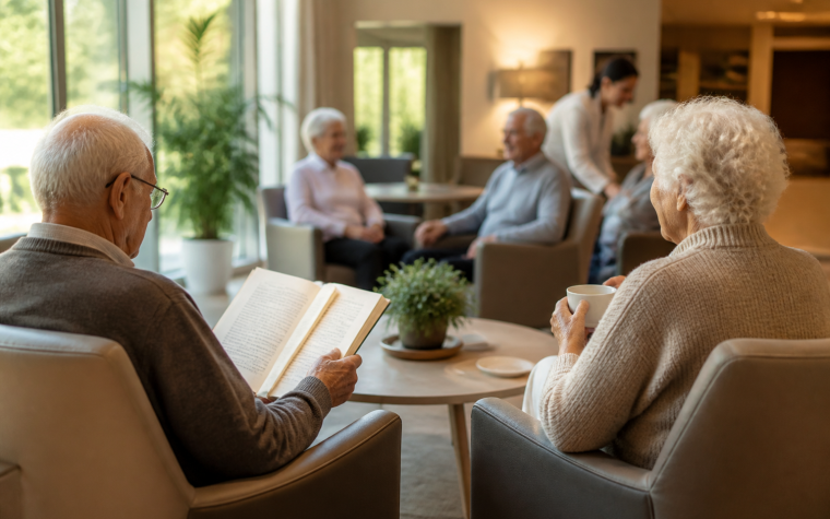 Seniors dans un salon de résidence, vie sociale et accompagnement