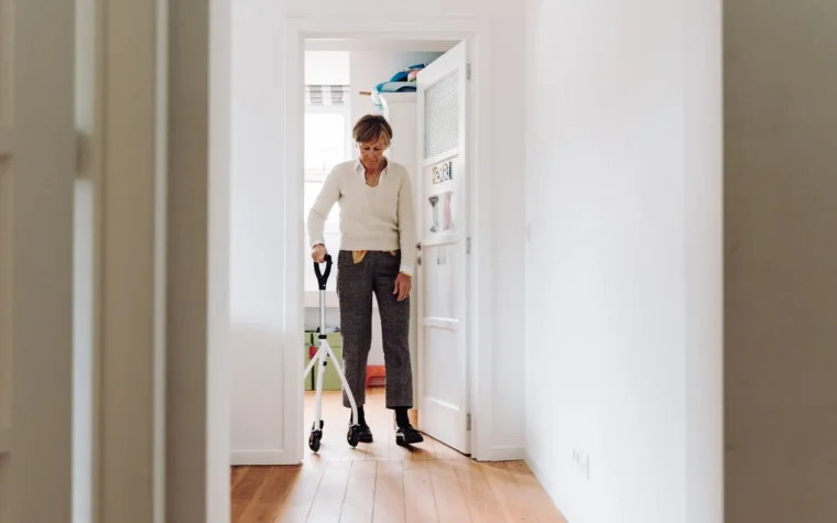 Senior se déplaçant avec une aide à la marche dans un couloir dégagé