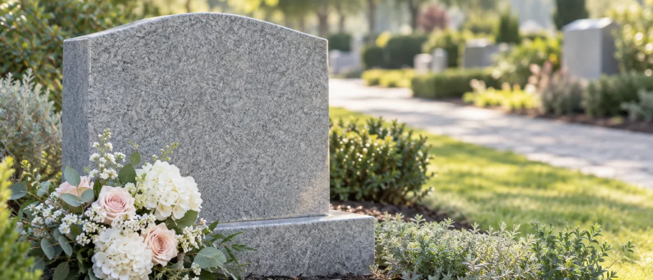 Fleurs déposées devant une pierre commémorative sans inscription