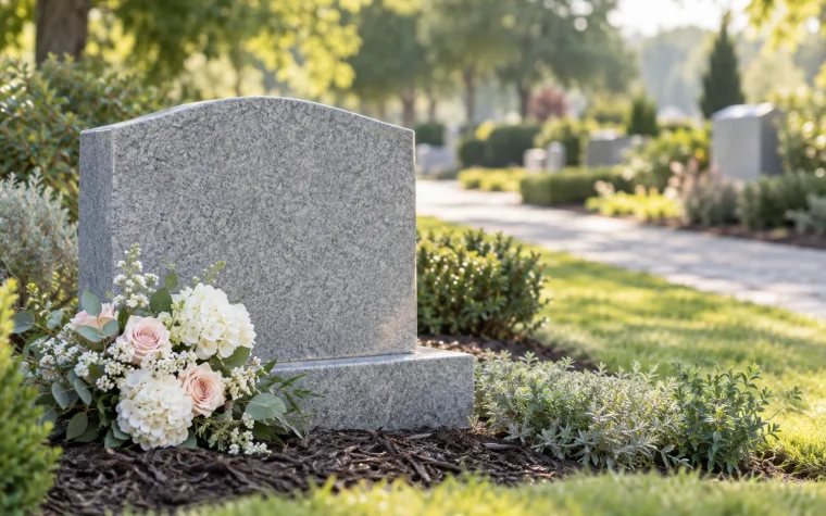 Fleurs déposées devant une pierre commémorative sans inscription